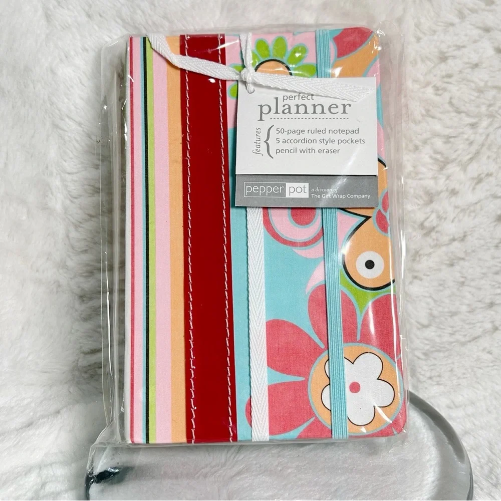 Pepper Pot Perfect Planner Notepad Pockets Pencil Floral Stripes Design Red NEW